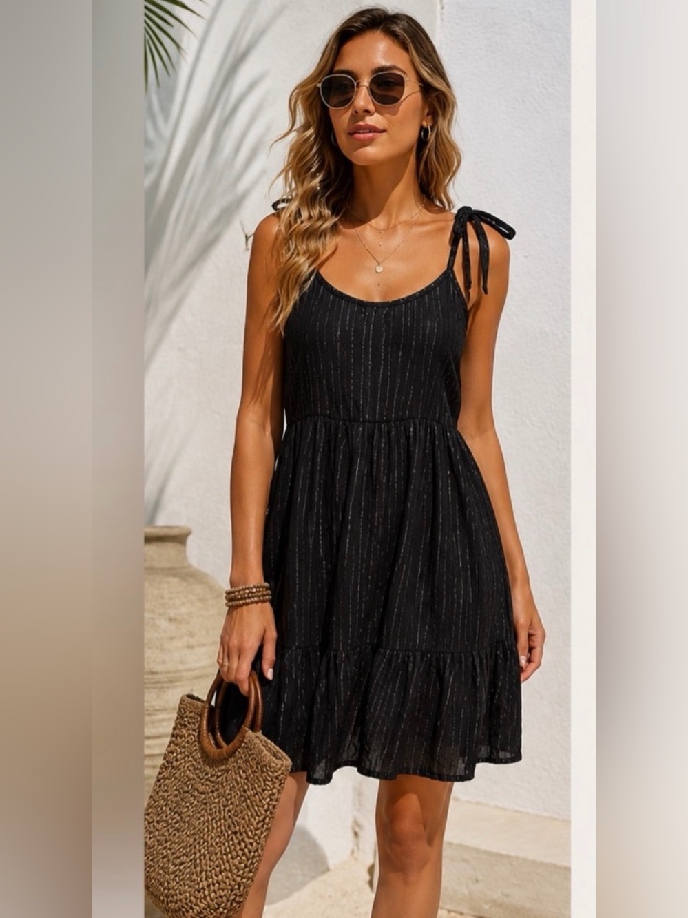 Black Metallic-Striped Tie-Shoulder Swim Coverup Dress NEW XS